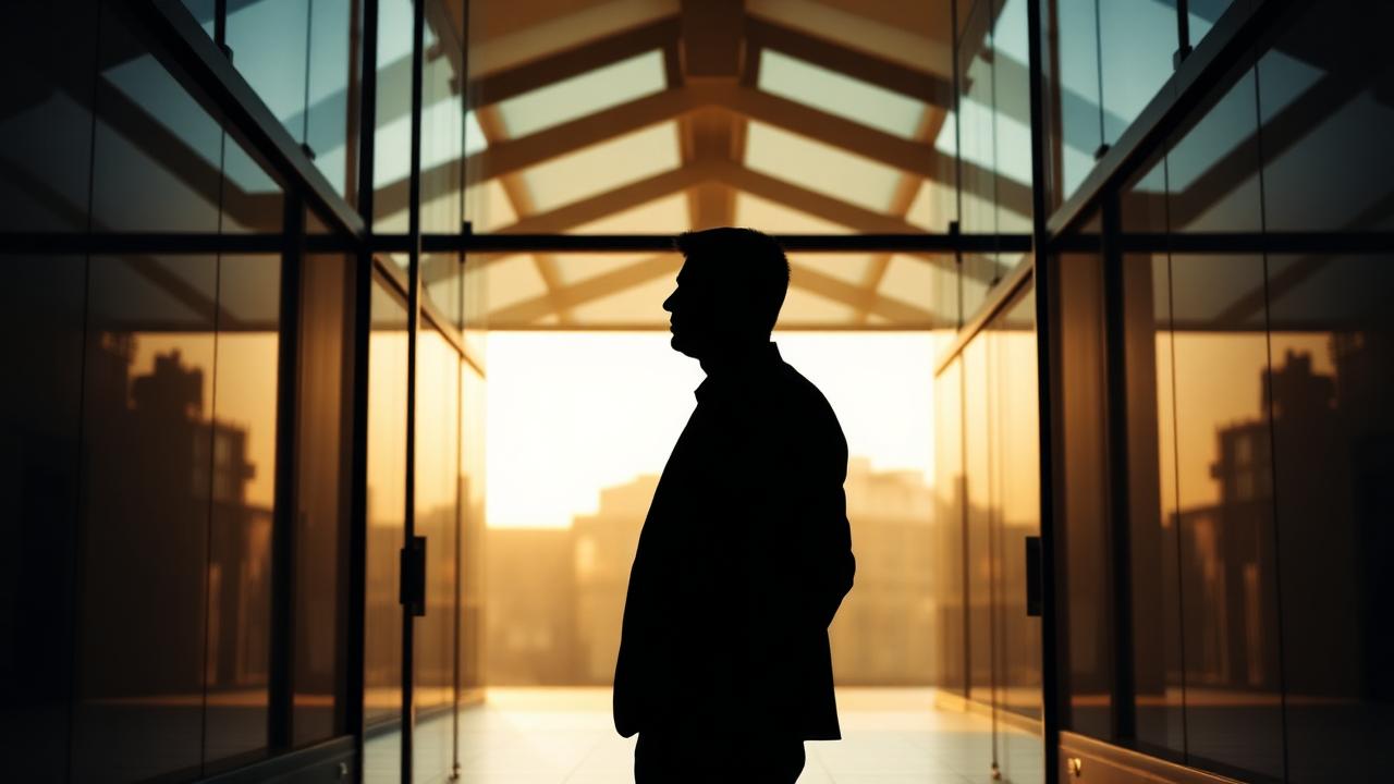 Editorial silhouette inside secure glass architecture representing transaction signing