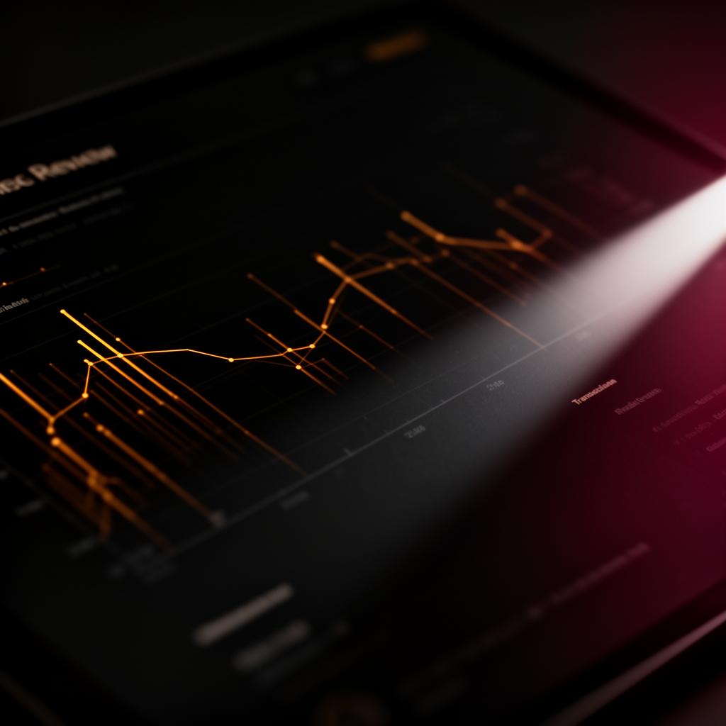 Editorial dark close-up of an abstract transaction review interface with warm amber data lines