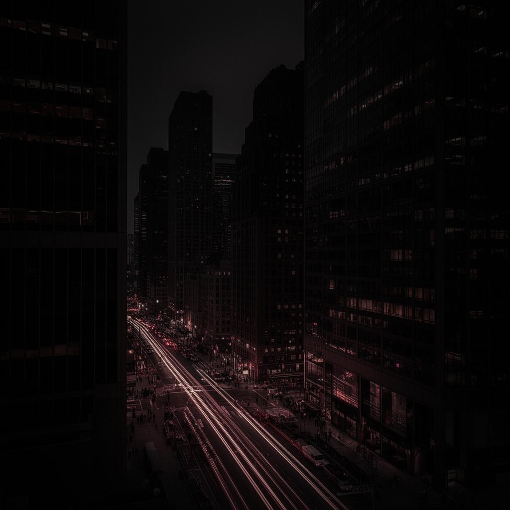 Editorial dark city skyline at night with long-exposure traffic light trails, representing Sei-native trading infrastructure